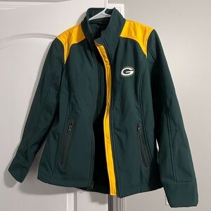 NFL Women's Dark Green and Yellow Softshell Jacket with Green Bay Packers Emblem